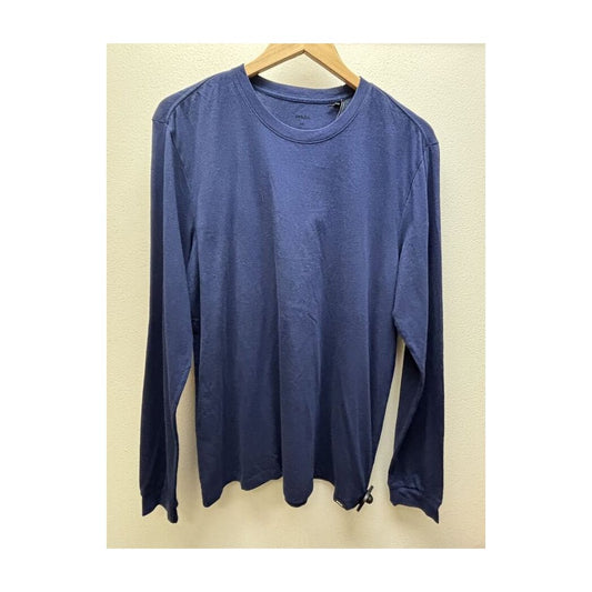 Front view of the Prana Mens Everyday LS Tee-SAMPLE in Capulet Blue hanging on a wooden hanger against a light wall.