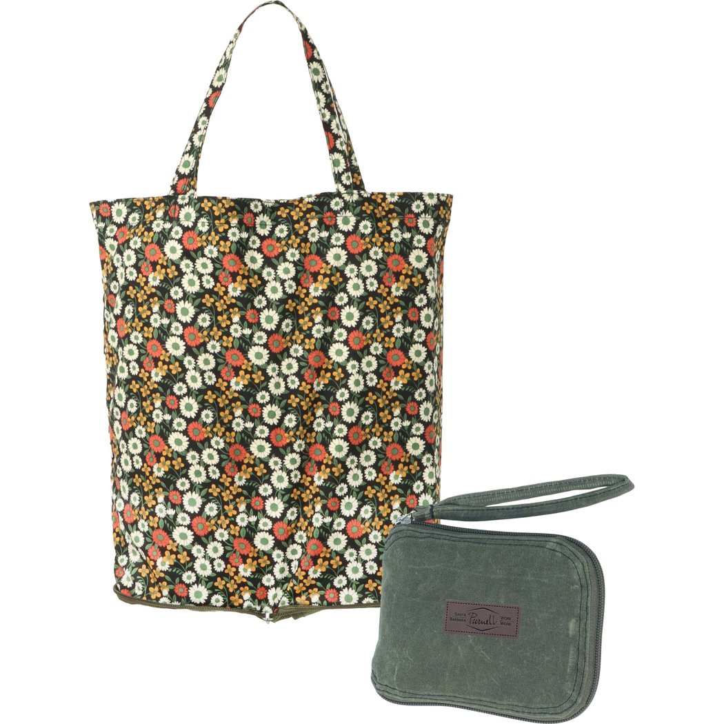 Front view of the Purnell Packable Canvas Tote Bag in GREEN with a matching small pouch beside it on a white background.