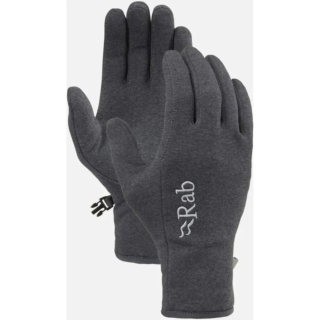 Side view of the Rab Geon Gloves in Army color showing the logo on the palm and a small pull tab on the wrist.