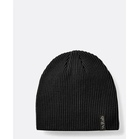 A black Rab Perimeter Beanie shown from the front against a plain white background.