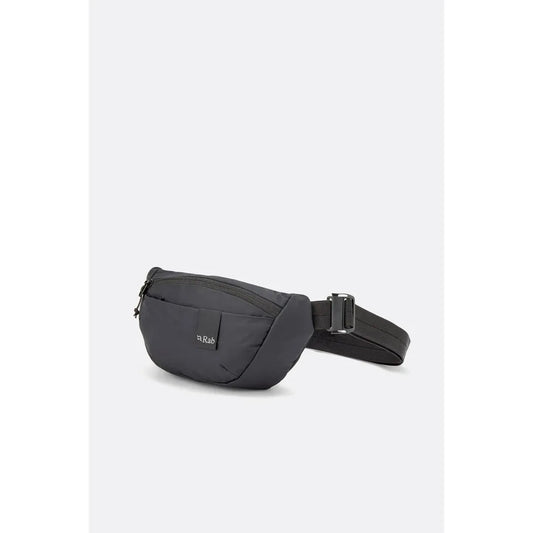 A side view of the Rab Tygen 2 black fanny pack with a buckle strap against a plain white background.