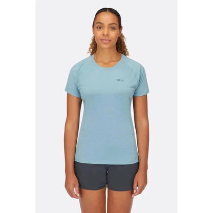 A front view of the Rab Women's Sonic Tee in Citadel color on a model against a plain white background.