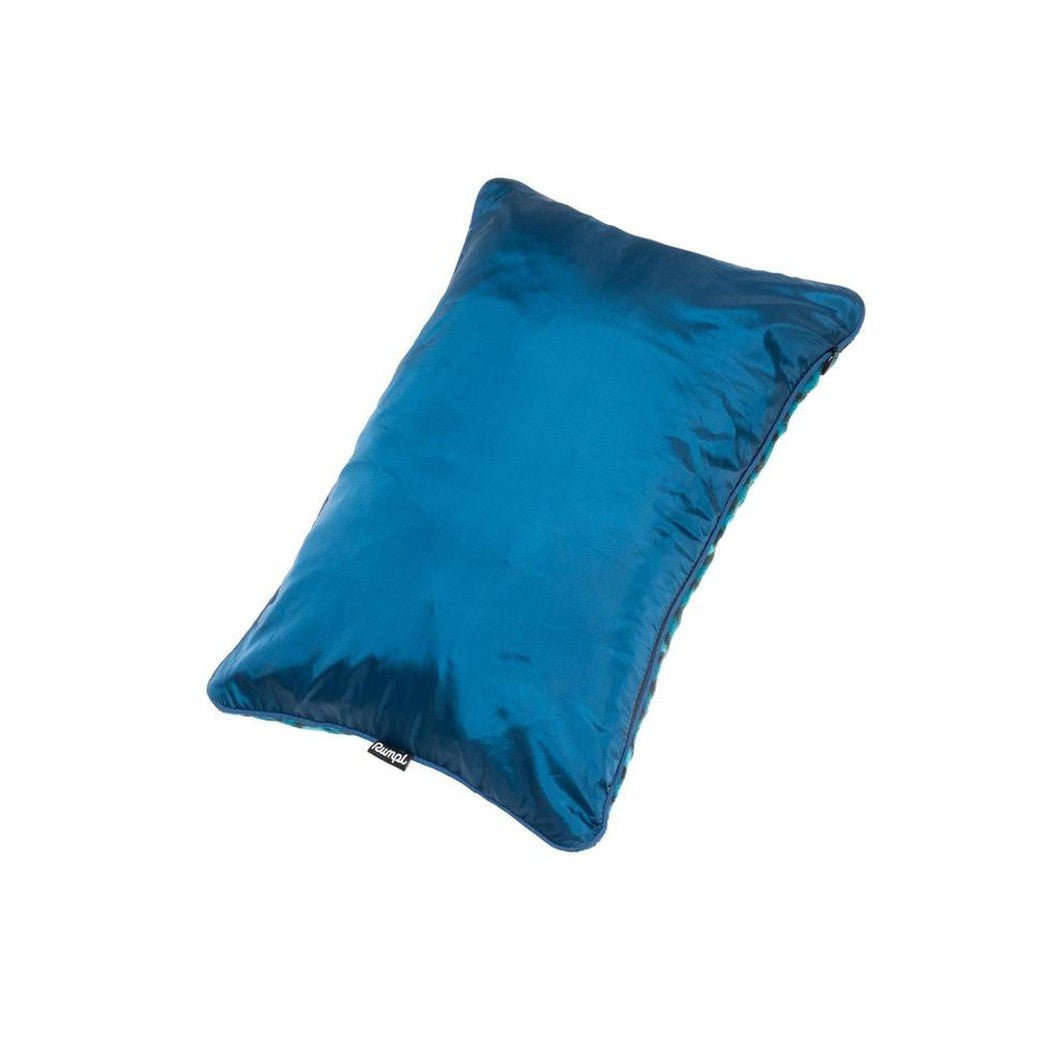 Side view of the Rumpl Stuffable Pillow in Deepwater against a white background.
