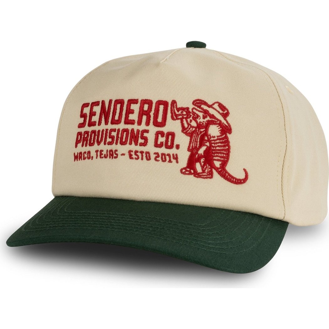 Angled view of the Sendero Armadillo Hat - Sample in Cream/Green showing the red embroidered armadillo graphic on the front panel.