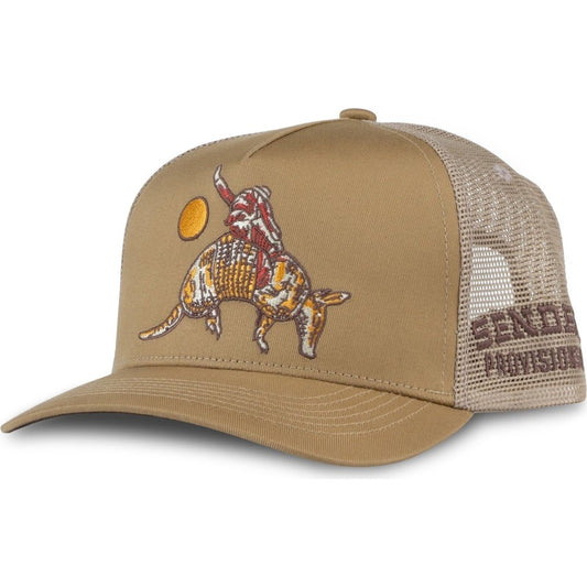 Side view of the Tan Sendero Armadillo Rodeo Hat - Sample showing the embroidered armadillo design and mesh back.
