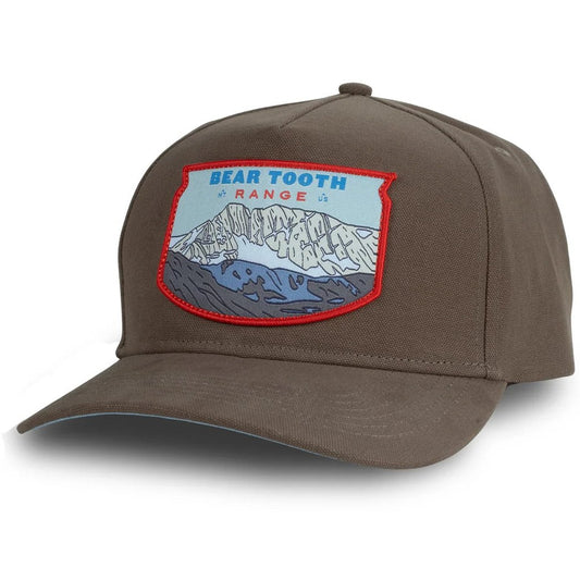 Angled front view of the Mushroom Sendero Bear Tooth Range Hat - Sample showing a red-stitched mountain patch on a white background.