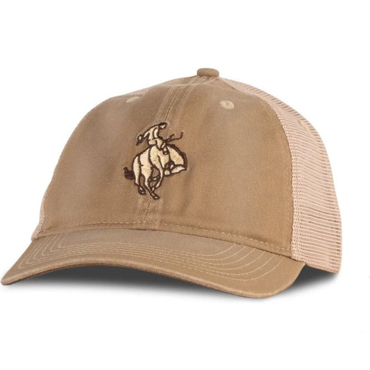 Angled front view of the Sendero Best Buckin' Hat - Sample in Gold showing a bucking horse logo on the front panel.