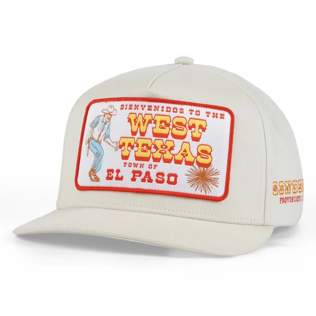 Angled front view of the Sendero Bienvenidos Hat - Sample in White showing the West Texas El Paso patch on a plain background.