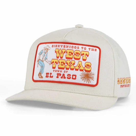 Angled front view of the Sendero Bienvenidos Hat - Sample in White showing the West Texas El Paso patch on a plain background.