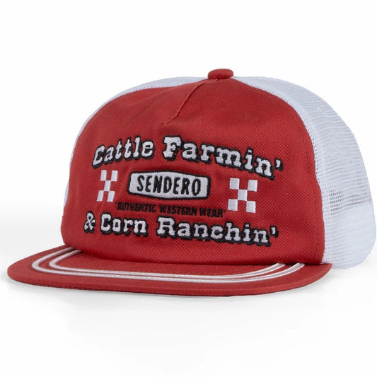 Angled front view of the Sendero Corn Ranchin' Hat - Sample in Red with white mesh back panels and embroidered text.