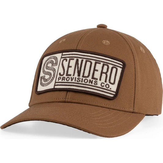 Front view of the Gold Sendero Corner Store - Sample hat showing the patch logo on a white background.