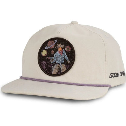 Angled front view of the White Sendero Cosmic Cowboy Hat - Sample showing a cowboy patch on the front.