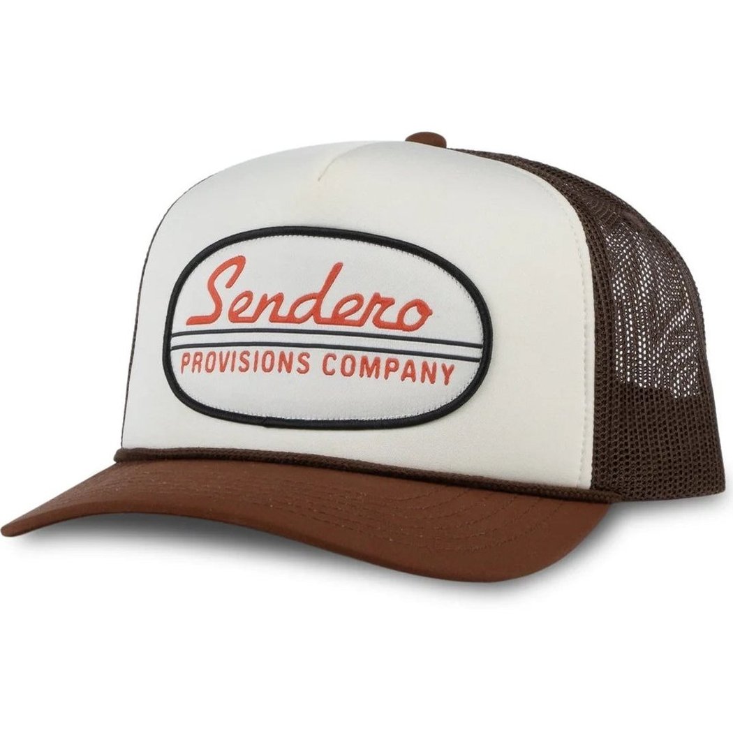 Angled front view of the Sendero Country Store Hat - Sample in Cream/Brown with a mesh back and patch logo.