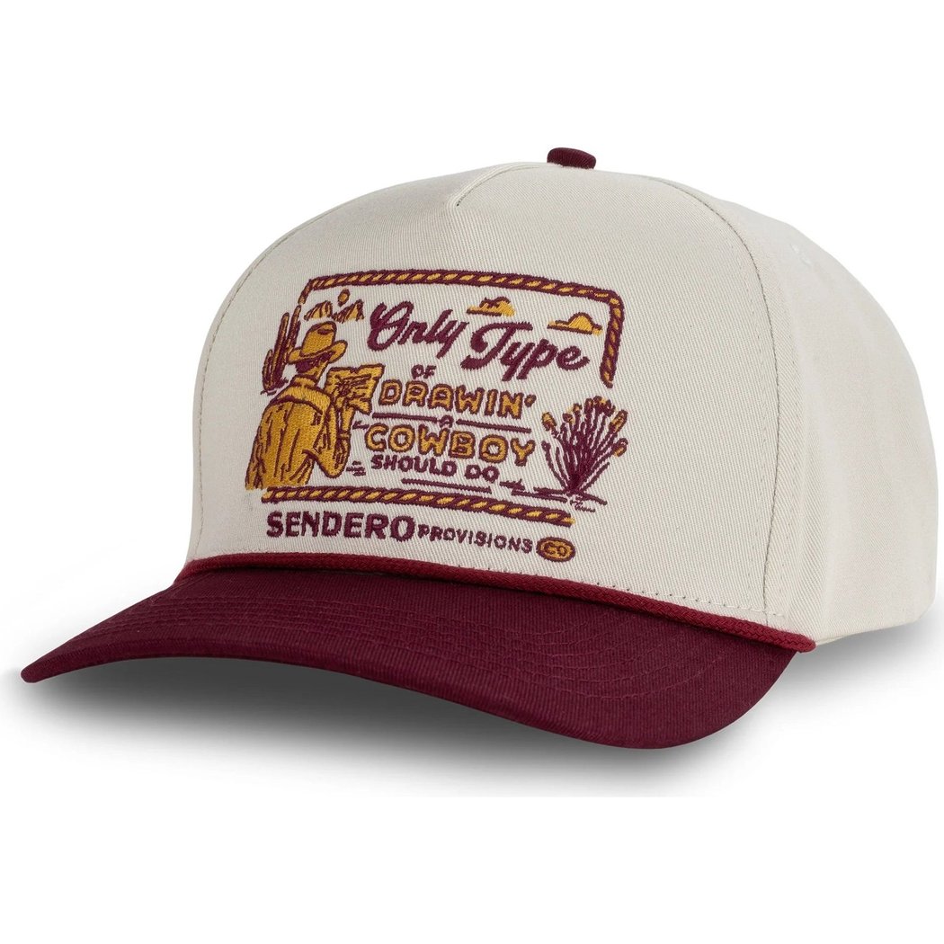 Angled front view of the Sendero Cowboy Drawin' Hat - Sample in Cream/Maroon with western embroidery on the crown.