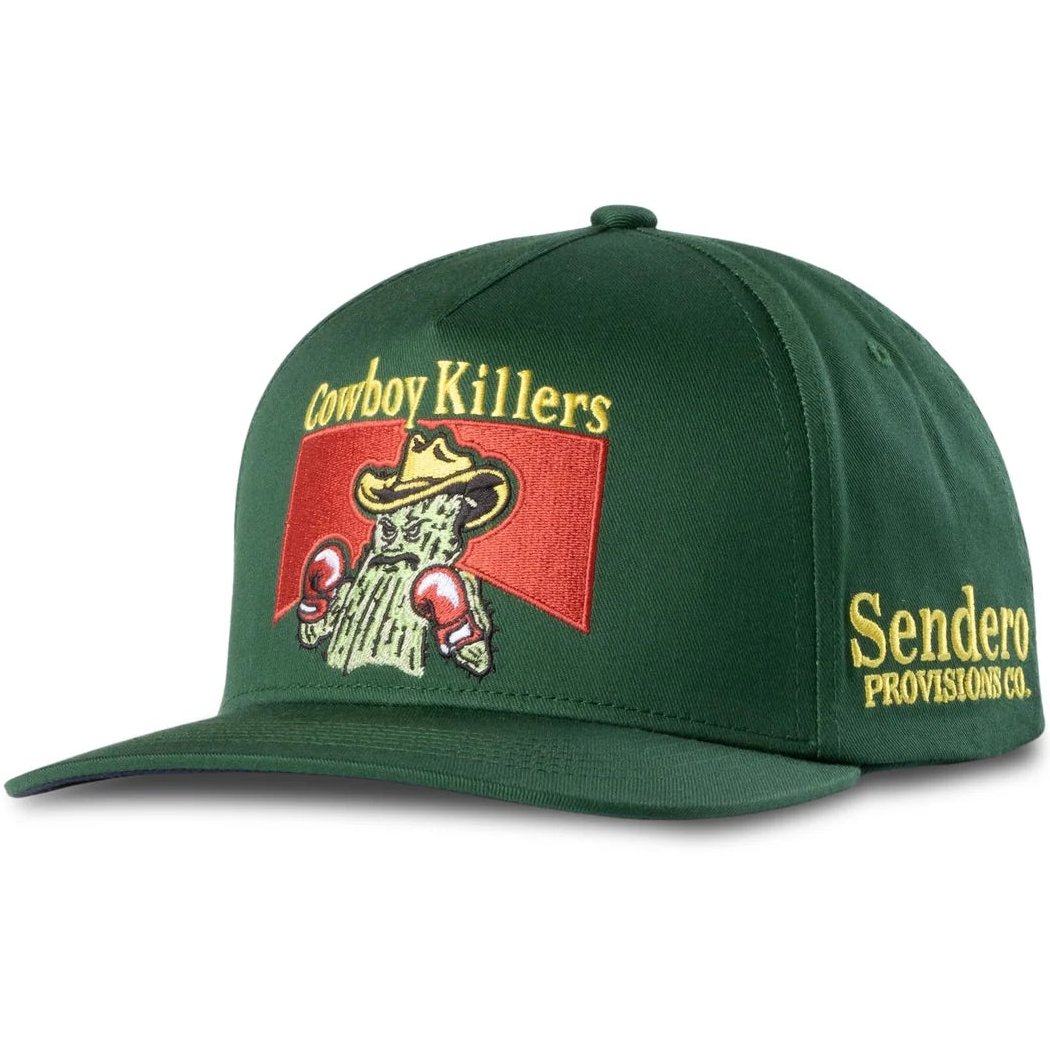 Angled view of the Green Sendero Cowboy Killer Hat - Sample showing a graphic patch and side embroidery.