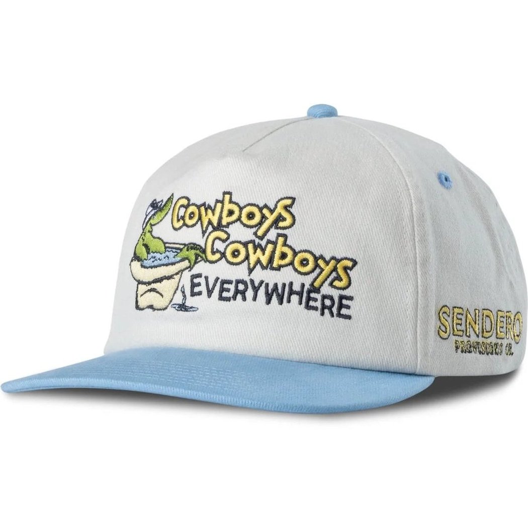Angled front view of the Sendero Cowboys Everywhere Hat - Sample in White/Light Blue with embroidered graphics on a plain white background.