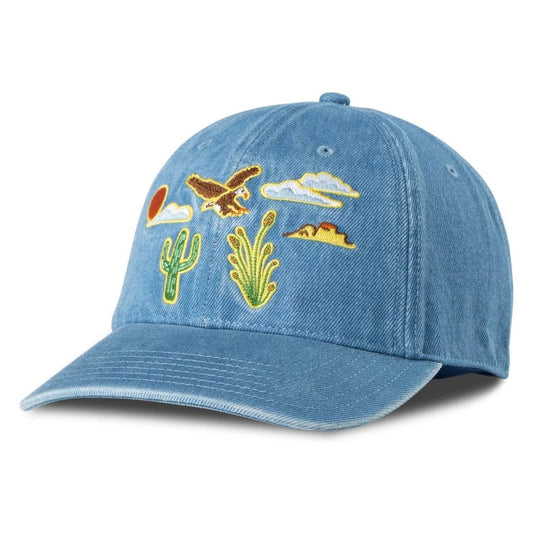 Angled front view of the Denim Sendero Desert Eagle Hat - Sample showing desert embroidery on the front panels.