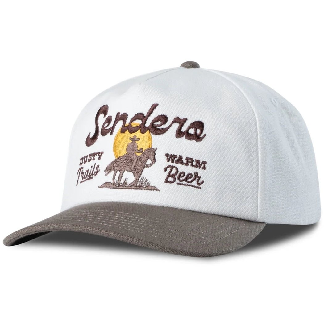 Angled front view of the Sendero Dusty Trails Hat - Sample in Cream/Brown with embroidered cowboy graphic.