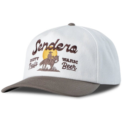 Angled front view of the Sendero Dusty Trails Hat - Sample in Cream/Brown with embroidered cowboy graphic.