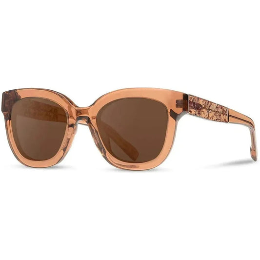 Side view of the Shwood Lorane sunglasses with copper frames and rose flower detail on the temples, set against a white background.
