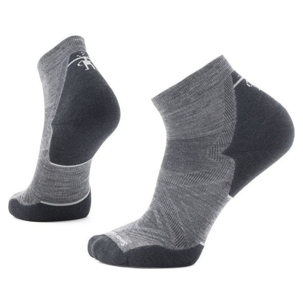 Side view of the Smartwool Run Targeted Cushion Ankle Socks in Black showing the heel and toe cushioning against a white background.