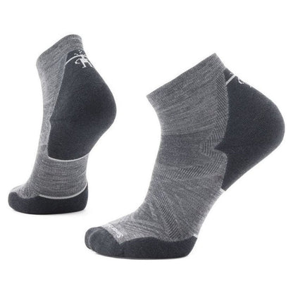 Side view of the Smartwool Run Targeted Cushion Ankle Socks in Black showing the heel and toe cushioning against a white background.