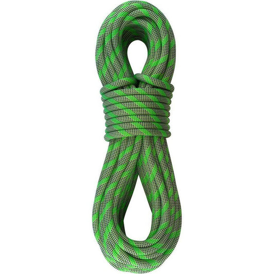 A coiled Sterling Rope Evolution VR9 9.8mm climbing rope in green against a white background.