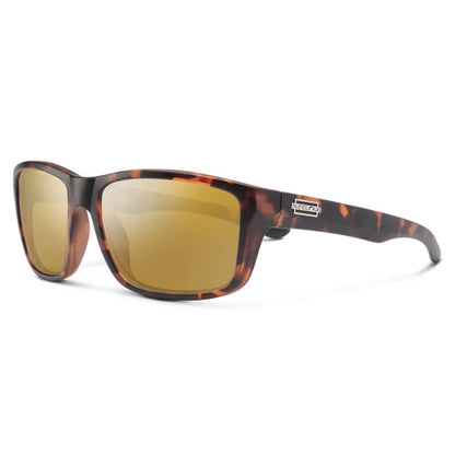 Side view of the Suncloud Mayor sunglasses in Matte Tortoise with gold lenses against a white background.