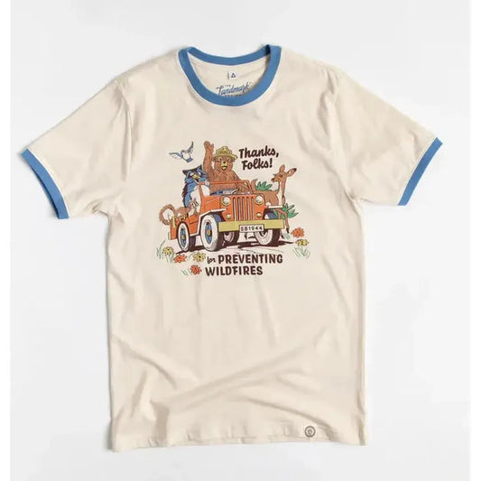 The Landmark Project Thanks, Folks for Preventing Wildfires Unisex Short Sleeve Ringer Tee-Unisex - Clothing - Tops-The Landmark Project-Honeycomb/Elemental Blue-XS-Appalachian Outfitters