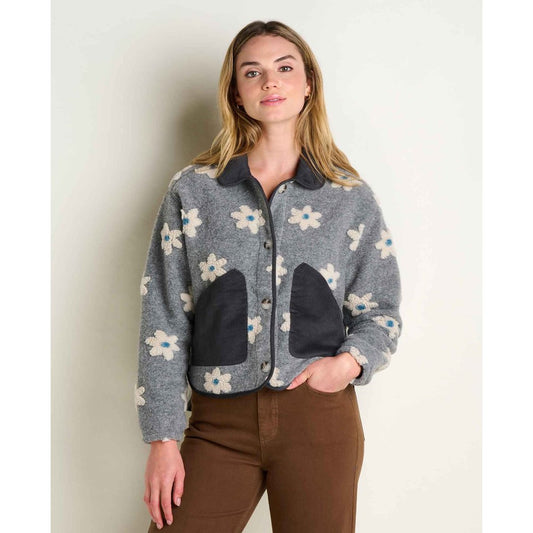 Model wearing the Toad & Co Women's Sespe Sherpa Jacket in Heather Grey Pattern with a floral design.
