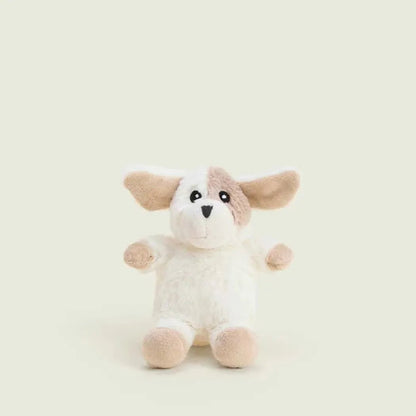 A front view of the Warmies Puppy Keyring plush toy with a light beige and white color scheme against a plain light background.