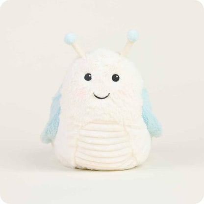 A front view of the Warmies Snail plush toy with light blue wings and antennae against a plain white background.