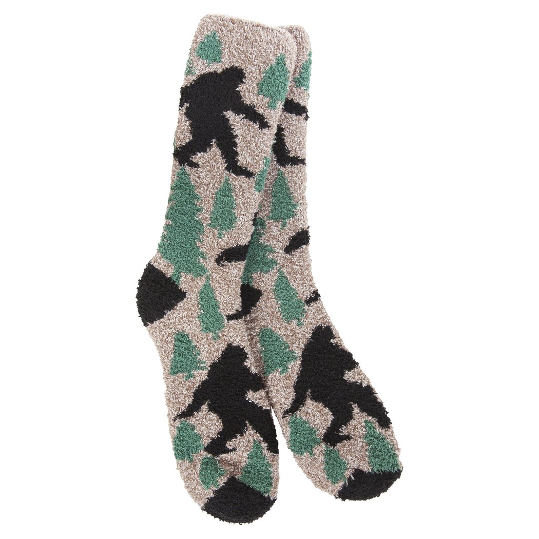 Front view of the Worlds Softest 1902 Sleeper Cozy Crew in Sasquatch showing black sasquatch and green tree patterns on a beige background.