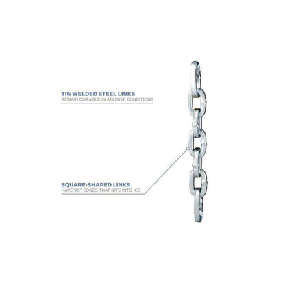 Side view of the YakTrax Chains showing square-shaped links and TIG welded steel links against a white background.