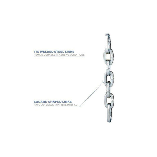 Side view of the YakTrax Chains showing square-shaped links and TIG welded steel links against a white background.